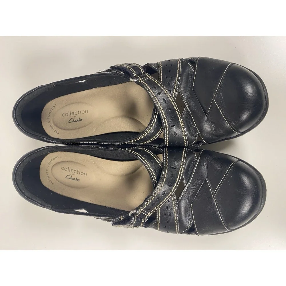 Clarks Ashland Spin Q Womens Size 8.5M Black Tan Leather Loafer Mary‎ Jane Shoes